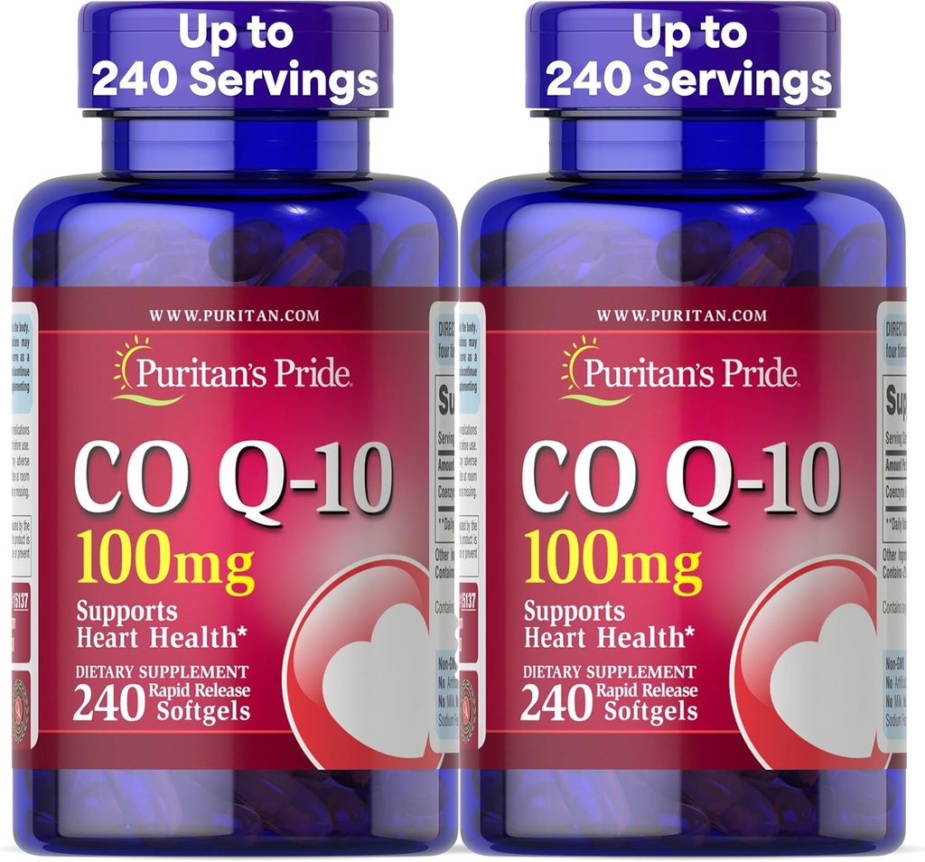 Coenzima del orgullo de Puritan CoQ10 100mg, Suplemento dietético para la salud del corazón, presión arterial, salud del Gum oral y apoyo al envejecimiento saludable, 240 Softgels de liberación rápida, 2-Pack