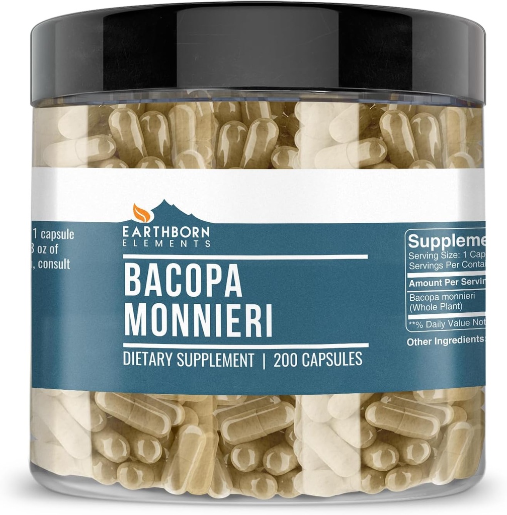 Elementos terrestres Bacopa Monnieri 200 Capsules, Puro ' Undiluted, No Additives