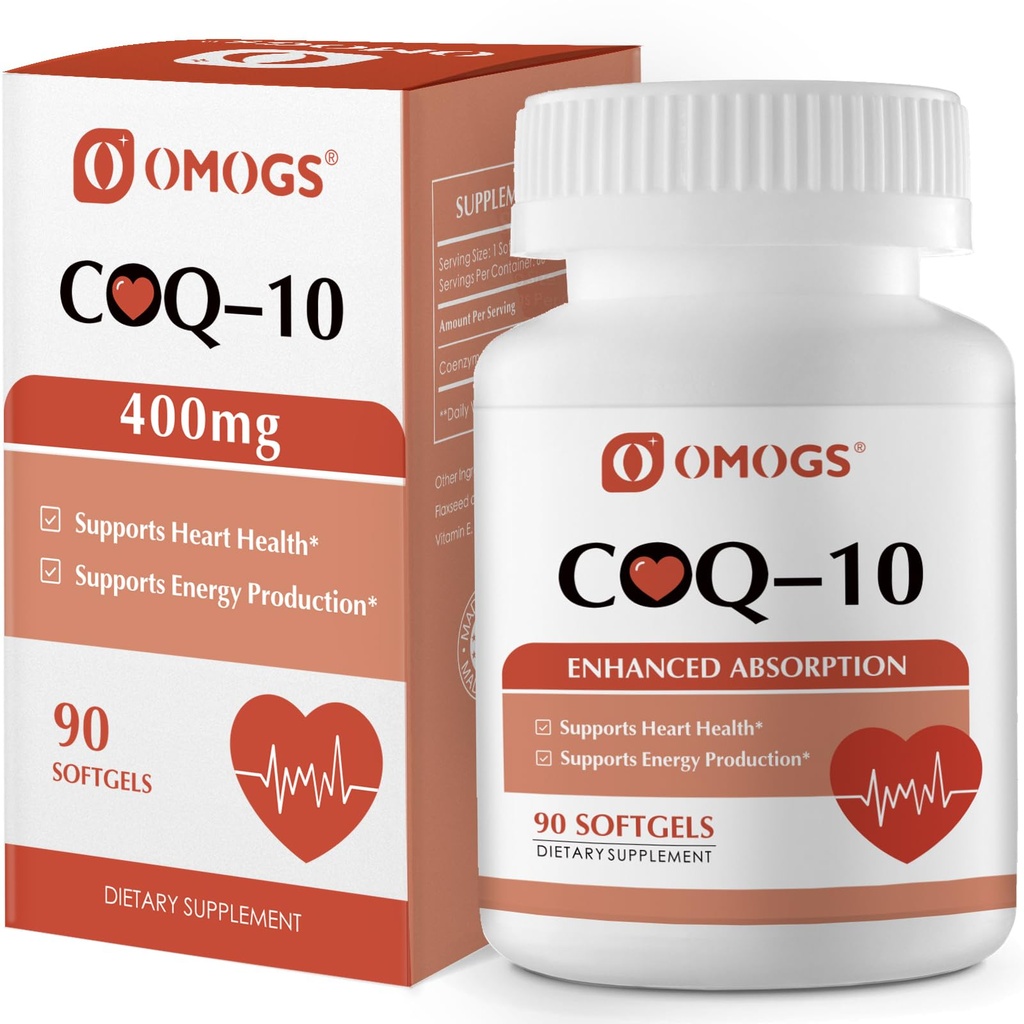 OMOGS CoQ10 400mg Softgels, Coenzyme Q10 High Absorption Supplements Support Heart Health, Cardiovascular Health, Immune System & Cellular Energy Production, Gluten Free, 90 Softgels