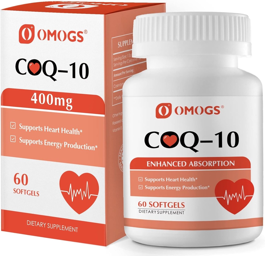OMOGS CoQ10 400mg Softgels, Coenzyme Q10 High Absorption Supplements Support Heart Health, Cardiovascular Health, Immune System " Cellular Energy Production, Gluten Free, 60 Softgels