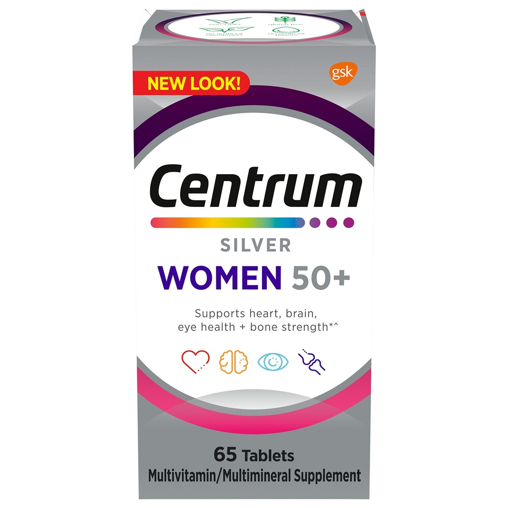 Centrum Silver Mujer Multivitamina para Mujer 50 Plus, Multivitamina/Multimineral Suplemento con Vitamina D3, B Vitaminas, Ingredientes no transgénicos, soporta memoria y cognición en adultos mayores - 65 Ct