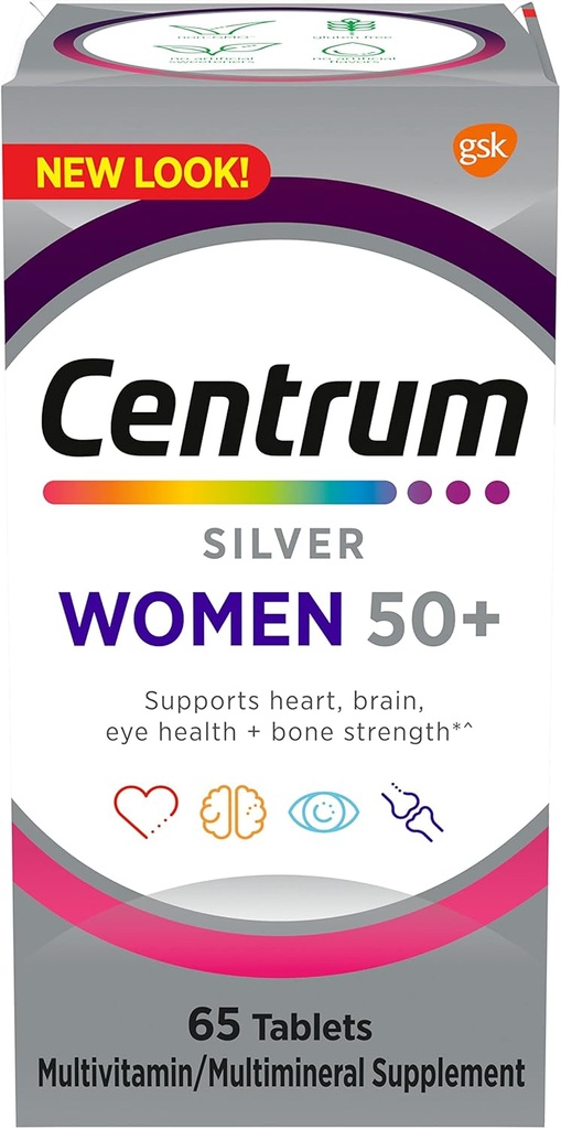Centrum Silver Mujer Multivitamina para Mujer 50 Plus, Multivitamina/Multimineral Suplemento con Vitamina D3, B Vitaminas, Ingredientes no transgénicos, soporta memoria y cognición en adultos mayores - 65 Ct