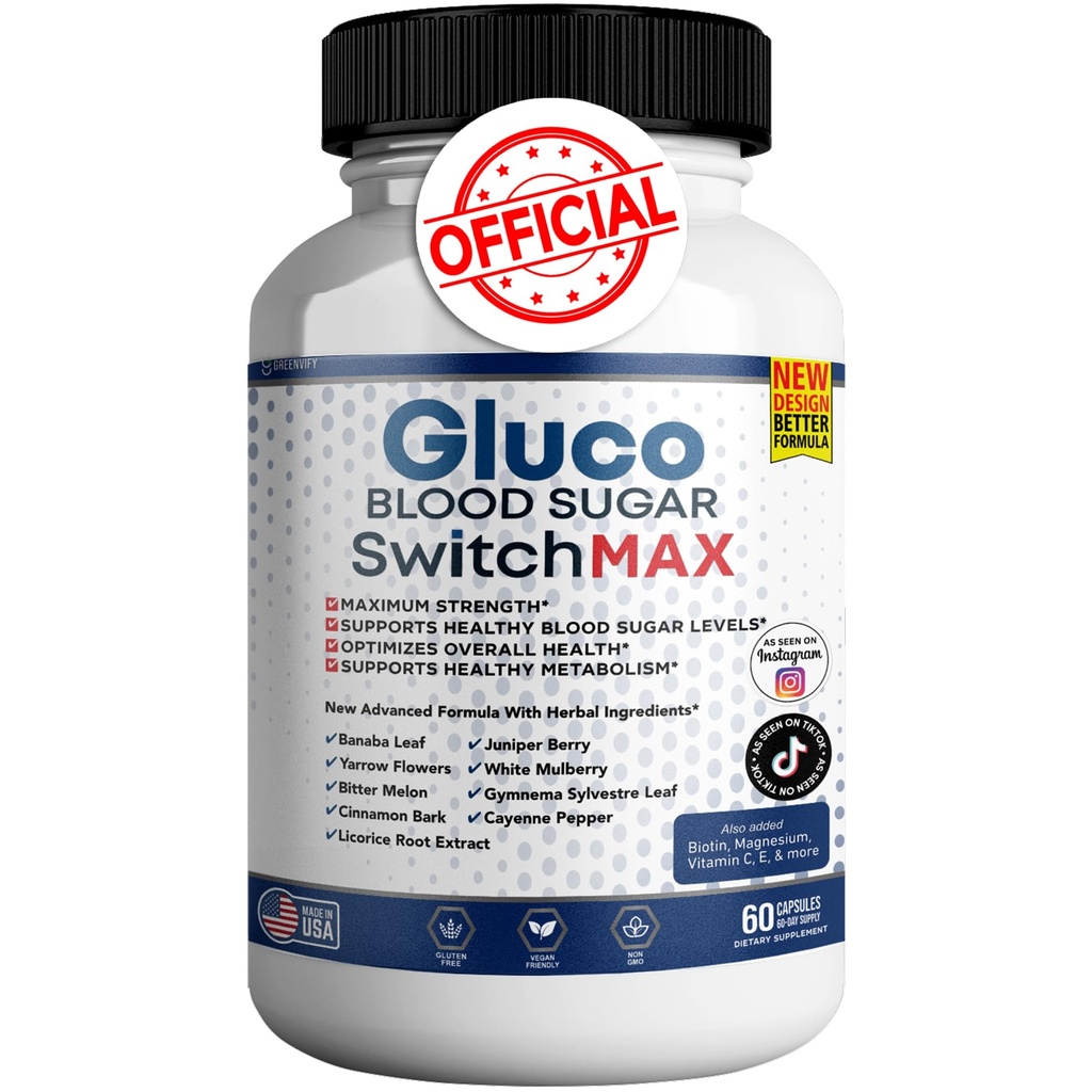 Gluco Blood Sugar Switch Max All Natural Formula to Maintain Healthy Levels, Maximum Strength Daily Formula Blood Reviews (1 Pack - 60 cápsulas)