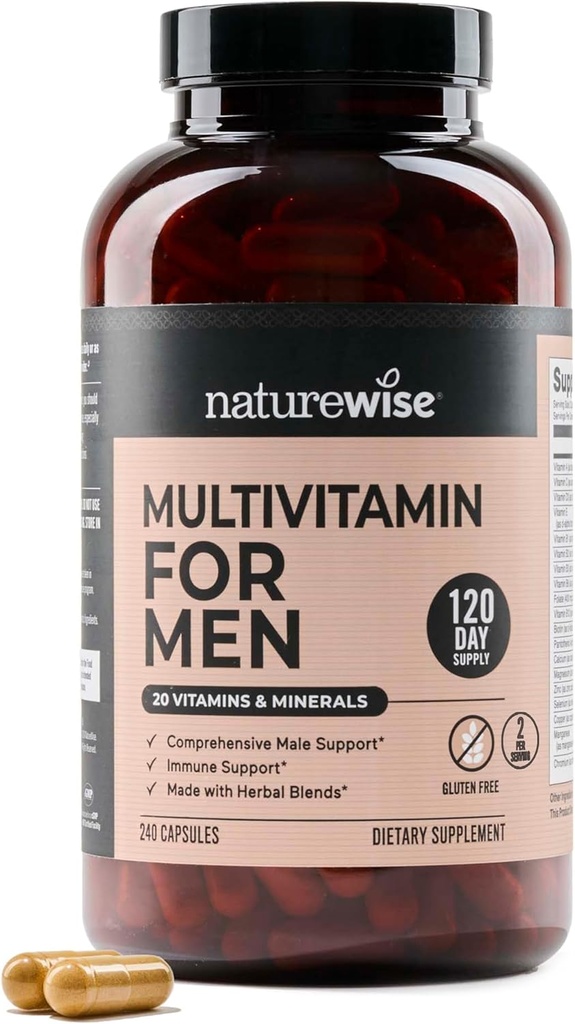 NatureWise Multivitamin for Men - Daily Male Support - Minerals & Herbs for Energy, Performance, Immunity - with Vitamin A, C, D, B-Complex - Soy & Gluten-Free, Non-GMO - 240 Capsules[6-Month Supply]