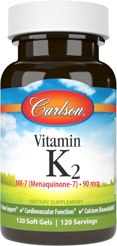 Carlson - Vitamina K2 MK-7 (Menaquinone), 90 mcg, soporte de bonificación, biodisponibilidad de calcio, vitamina K2, vitamina K-2, 120 Softgels