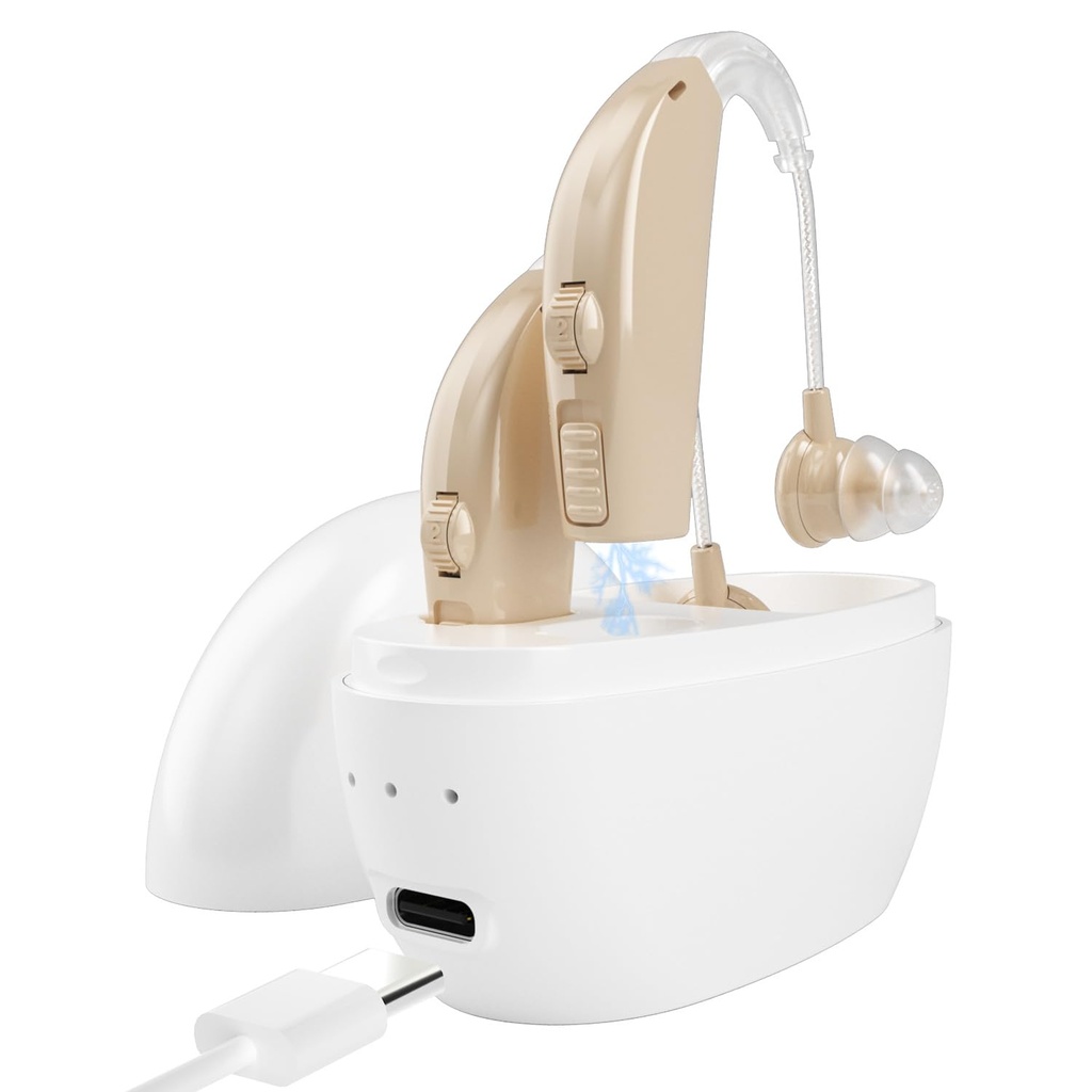 Hearing Aids Amplifiers for Seniors Rechargeable with Noise Cancelling-Hearing Aid Loss Amplifier Seniors,Adults Charging Case&Volume Control(1 Pair), Beige C1