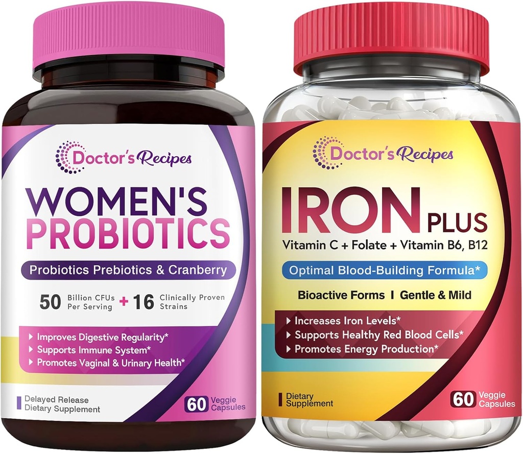 Recetas del médico Probiótico femenino &amp; Iron Plus Bundle, Feminine Health & Blood Support, Probiotic Capsules 60ct " Iron Capsules 60 ct