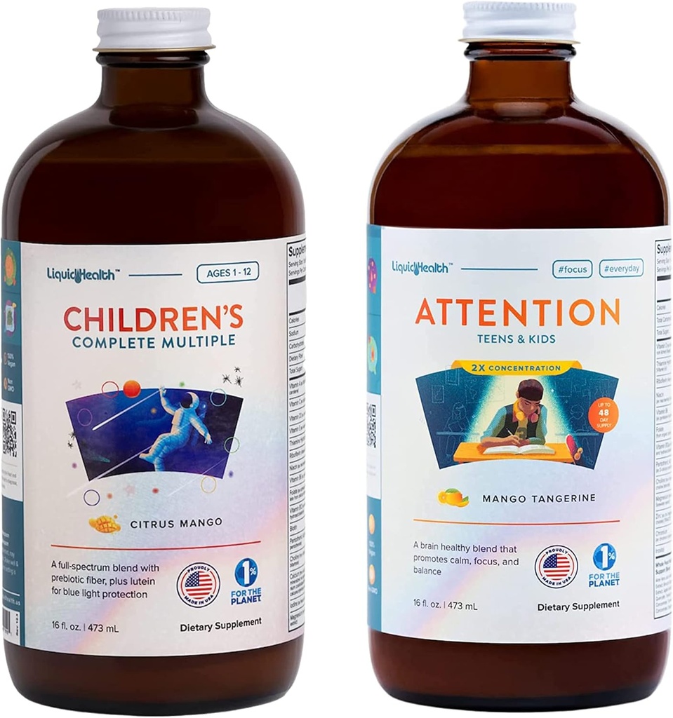 LIQUIDHEALTH Niños completos multivitamina &amp; Atención Adolescentes &amp; Niños líquidos de vitamina Bundle para niños - Immune Support, Mejorar el enfoque, concentración, Boost Mood - Vegan, No GMO, Made in USA