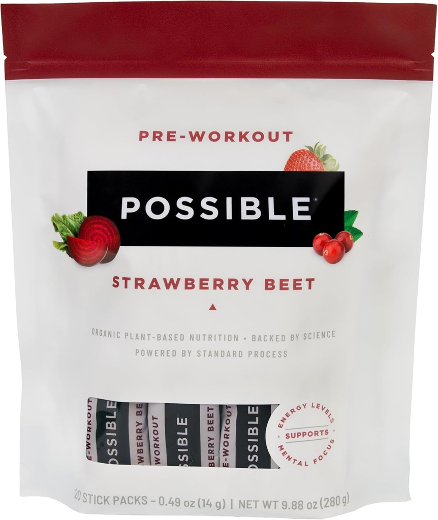 Beet Pre-Workout - Strawberry Beet Flavor - Individually Wrapped Servings - Contains B-Vitamins and Green Tea Caffeine Extract - Source of Nitrates - 1 Bag, 20 Stick Packs