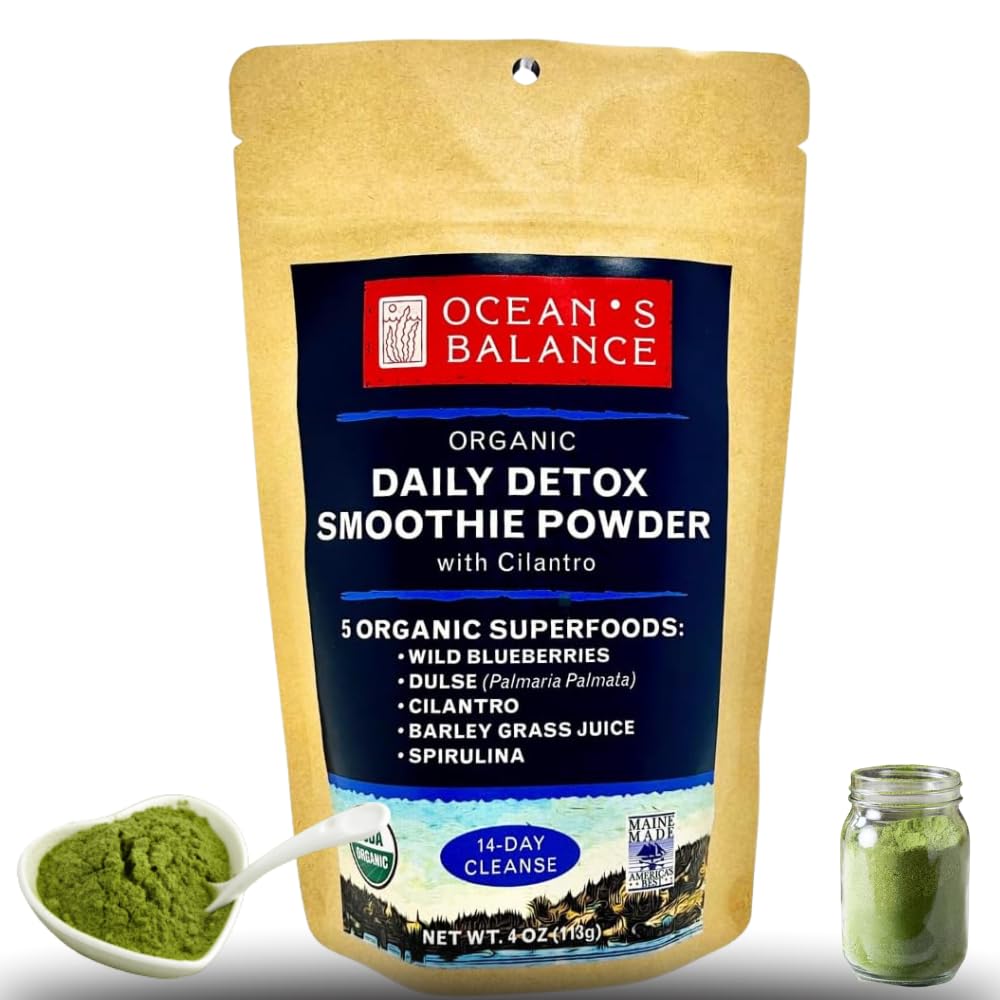 Saldo de Ocean's Balance Daily Detox Smoothie Powder con Cilantro, Blueberry, Spirulina, Algas de Carrete &amp; Barley Grass Juice Powder — Mezcla de Smoothie fácil de digerir para limpiar desintoxicación (4 oz - 1 Pack)