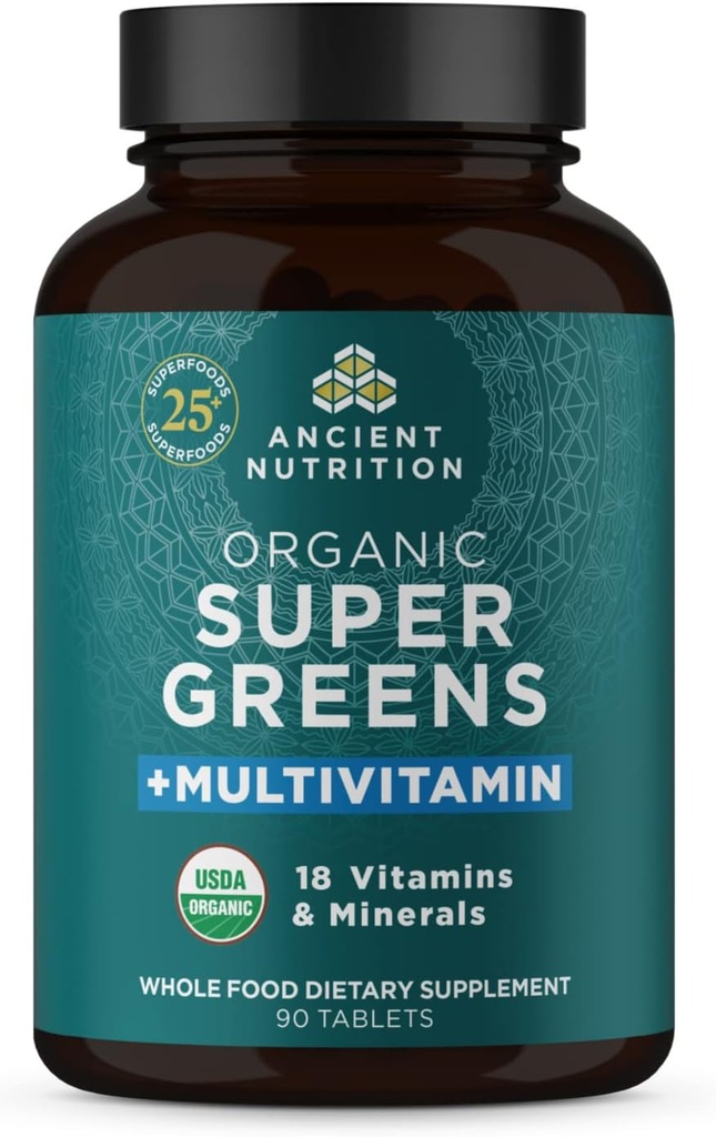 Antigua Nutrición Supergreens Tablas multivitamínicas, Polvo de Superalimentos Orgánicos con Multivitamínicos Fabricados con Frutas Reales, Verduras y Herbs, para soporte digestivo y energético, 90 Cuenta