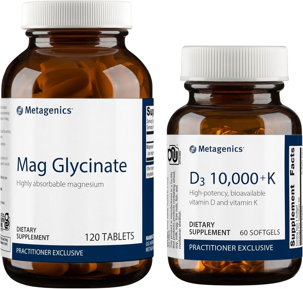 Metagenics Bundle - D3 10,000 + K &amp; Magnesium Glycinate - 60 Softgels de D3 para Immune Support, Bone Health & Heart Health* - 120 Tablets of Magnesium Glycinate for Nervous System Support*