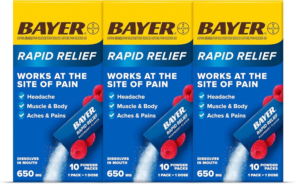 Bayer Rapid Relief Powder Packs con Aspirin &amp; Caffeine, Dissolvable Fast Acting Pain Relief for Headache, Muscle and Body Pain, Raspberry Flavor (Packaging may vary), Pack of 3 x 10 Count