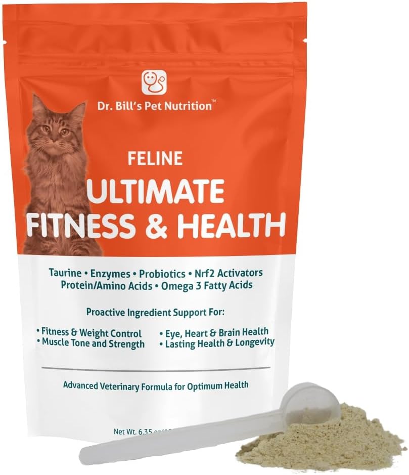 Dr. Bill’s Feline Ultimate Fitness &amp; Health ← Cat Multivitamin Powder - Suplemento diario ← Control de peso, articulación, cerebro, corazón &amp; inmuno Apoyo latitud Omega 3s, Collagen, vitaminas B, Taurina, Aminoácidos