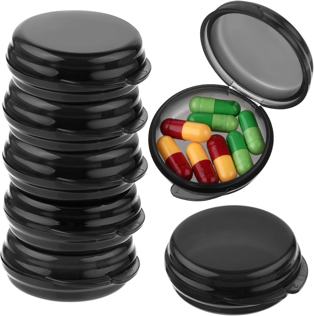 Small Pill Box, Travel Round Pill Case, Portable Medicine Pill Container Holder, Daily Mini Pill Organizer for Purse Pocket to Hold Vitamin Medication Fish Oil Supplement (Black, 7PCS)