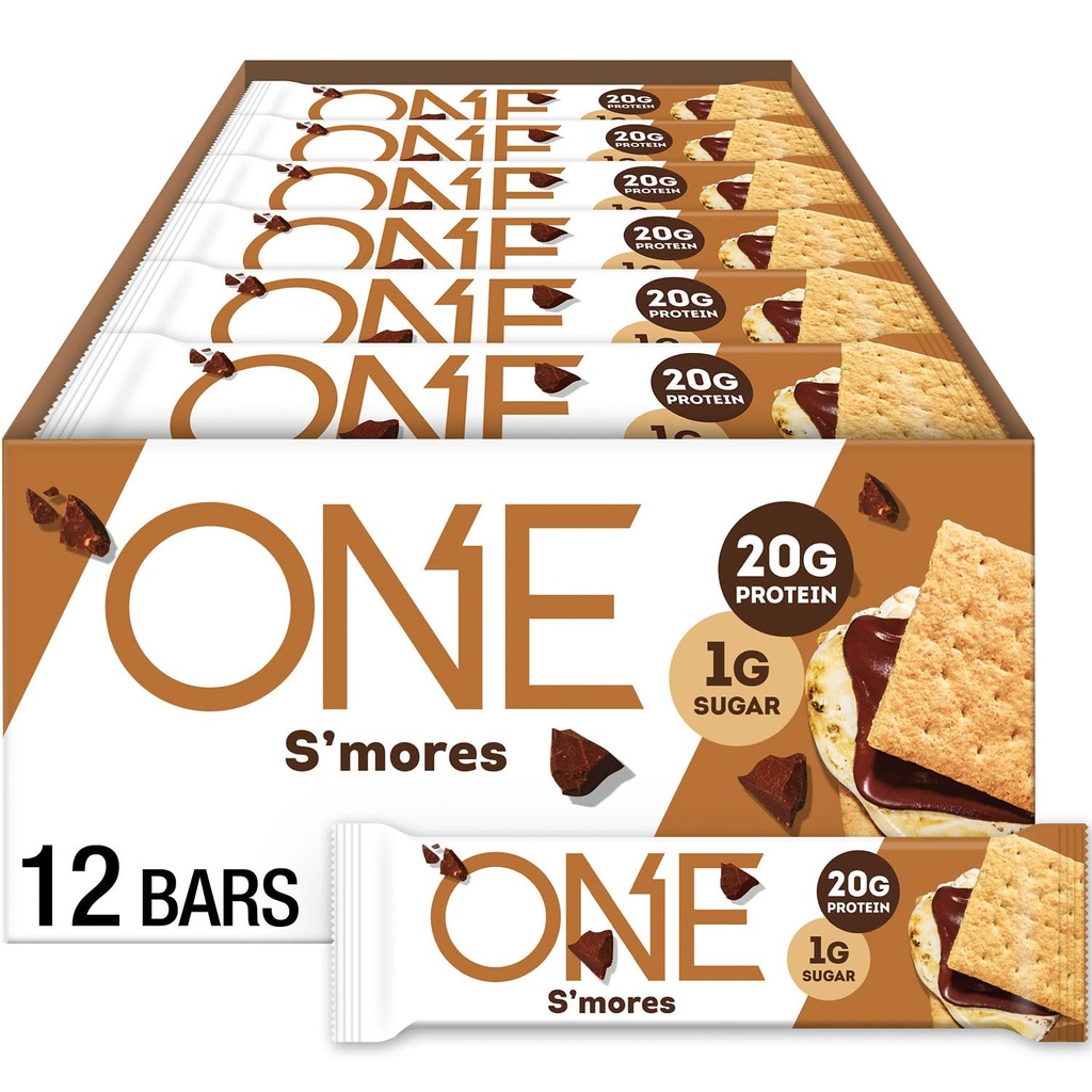 ONE Protein Bares, Smores, Gluten Gratis con 20g Protein y 1g Azúcar, Pantry Staples, 2.12 oz (12 Conde), Packaging May Vary
