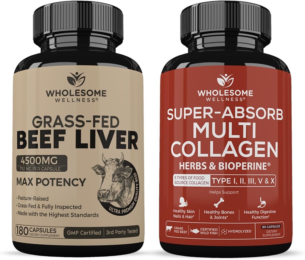 Grass Fed Desiccated Beef Liver Capsules (180 Pills, 750mg Cada uno) - Natural Iron, Vitamina A, B12 for Energy + Super-Absorb Multi Collagen Pills (Type I II III V X) Organic Herbs and Bioperine Bundle