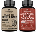 Grass Fed Desiccated Beef Liver Capsules (180 Pills, 750mg Cada uno) - Natural Iron, Vitamina A, B12 for Energy + Super-Absorb Multi Collagen Pills (Type I II III V X) Organic Herbs and Bioperine Bundle
