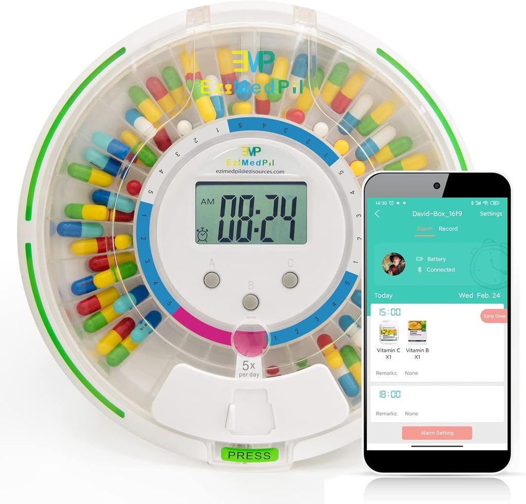 EziMedPil Bluetooth Pill Dispenser w/Audio & Visual & App Alerts, hasta 9 Alarmas/Day, 9 Plantillas de Dosificación, Dispensador de Medicación de 28 Días w/Key para Prescripciones, Vitaminas &amp; Más, Lid Clara