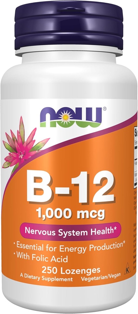 AHORA Suplementos de alimentos, Vitamina B-12 1000 mcg con ácido fólico, Nervous System Health*, 250 Lozenges Chewable