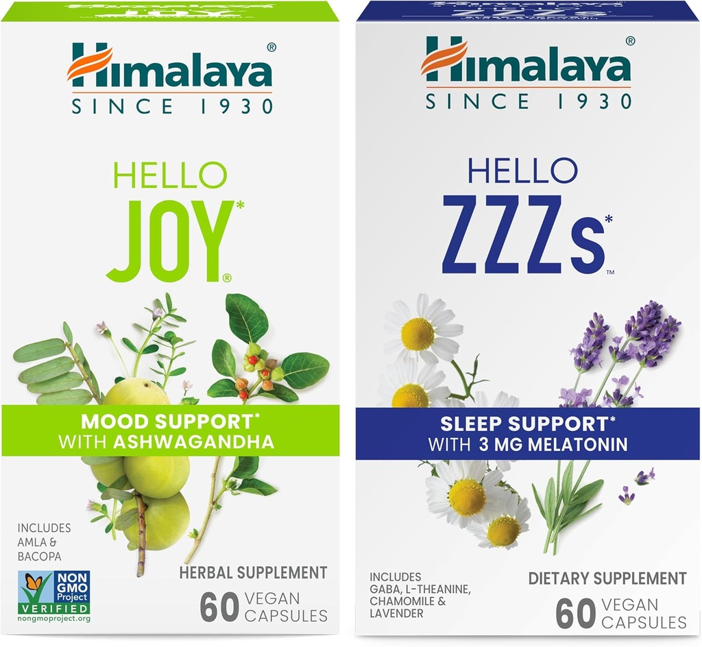 Himalaya Hola Alegría con Ashwagandha para mejorar el Mood y los Espíritus " Hola ZZZs con Melatonina para el apoyo al sueño, 60 cápsulas cada uno - Bundle