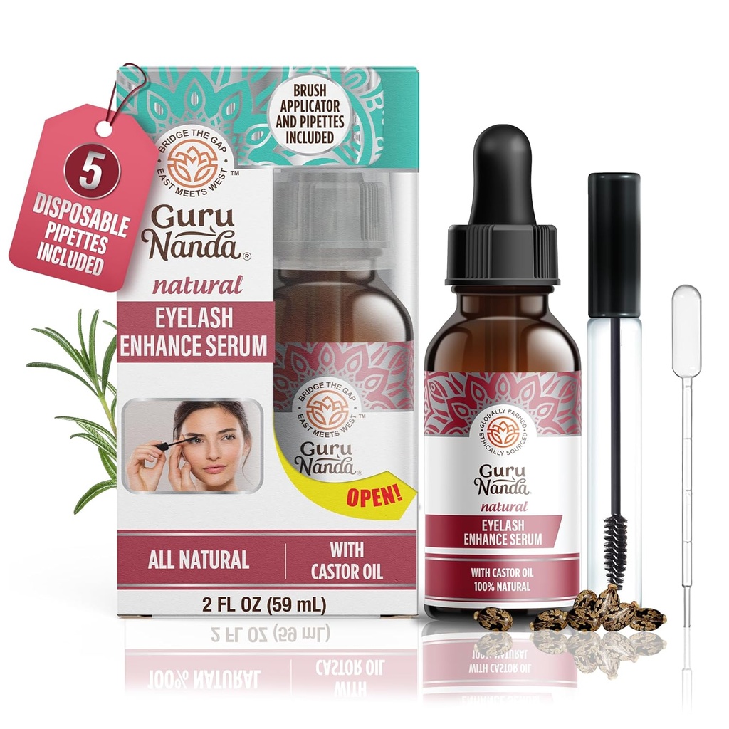 GuruNanda Natural Castor Oil Eyelash Mejora suero con aceite Rosemary - Pincel aplicador &amp; 5 Pipettes, ayuda al crecimiento natural del cabello para cejas & barbas, 2 Fl Oz