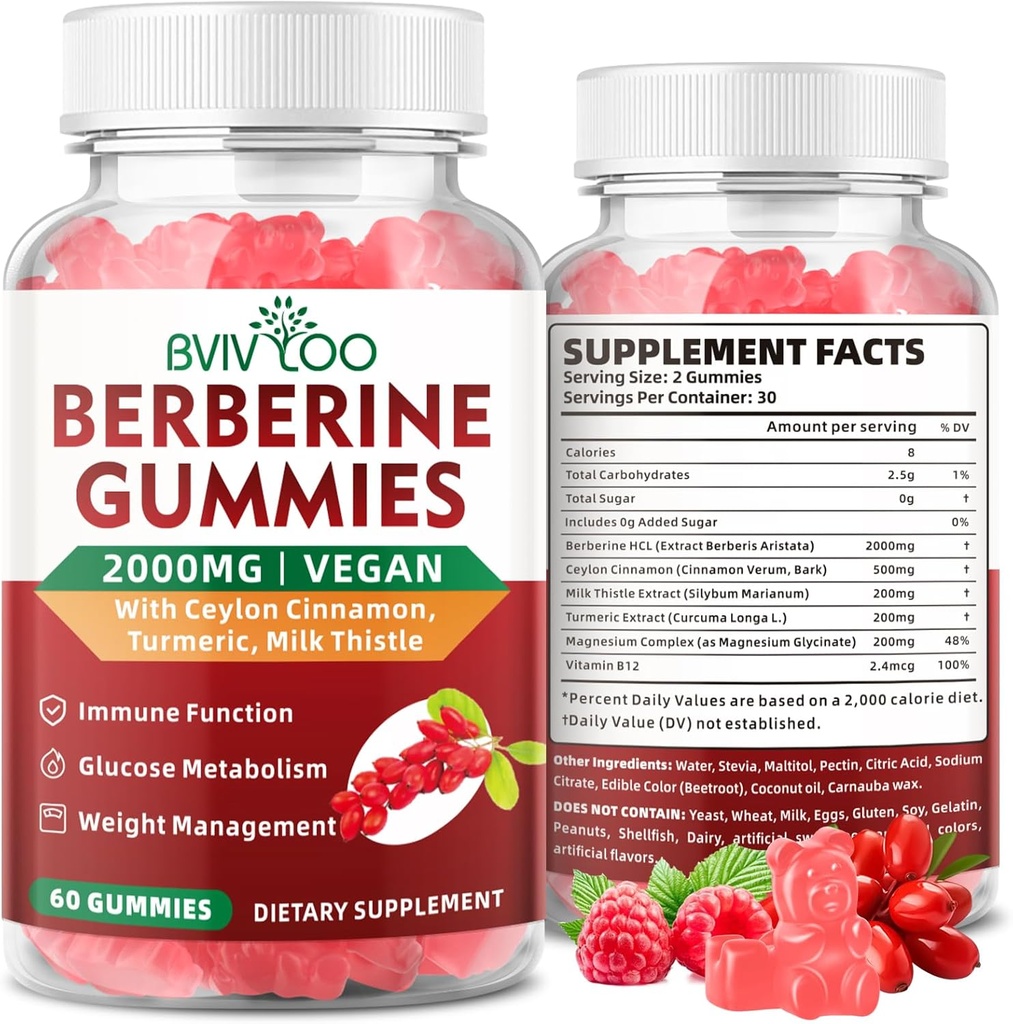 Premium Berberine Gummies, 2000mg High Potency Berberine HCI Supplement, Plus Ceylon Cinnamon, Milk Thistle for Women &amp; Men, Immune System & Metabolism Support - 60 Gummies
