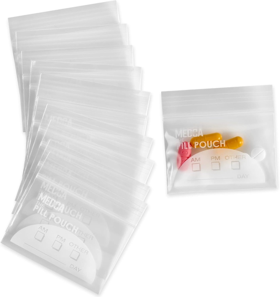 Extra-Thick Pill Pouch Bags - (Pack of 100) 3" x 2" 8 Mil - BPA Free, Poly Bag Disposable Zipper Pills Baggies, Daily AM PM Travel Medicine Organizer Storage Pouches, Clear Reusable w/Write-on Labels