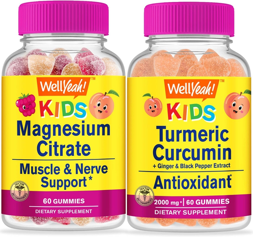 WellSí Magnesium Citrate Kids + Turmeric Curcumin Kids, Gummies Bundle - Gran Tasting, Suplemento de vitamina, Gluten Free, GMO Free, Chewable Gummy