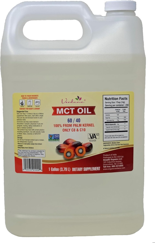 Verdana Food Grade MCT Oil – 1 Gallon (128 Fl Oz) – Premium C8/C10 Triglycerides – Keto & Paleo Friendly – Non-GMO, Kosher – Trusted Brand for Energy, Sports Nutrition, Aromatherapy &amp; Massage