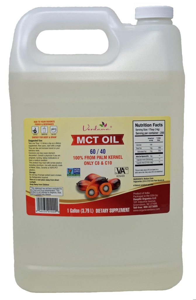 Verdana Food Grade MCT Oil – 1 Gallon (128 Fl Oz) – Premium C8/C10 Triglycerides – Keto & Paleo Friendly – Non-GMO, Kosher – Trusted Brand for Energy, Sports Nutrition, Aromatherapy &amp; Massage
