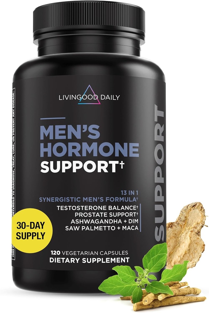 Livingood Daily Men's Hormone Support Supplement for Vitality & Balance, 14-in-1 Testosterone Booster para Hombres con Ashwagandha, Maca, DIM, Zinc, Saw Palmetto, Vitamina B12 &amp; Más, Vegan, 120 cápsulas