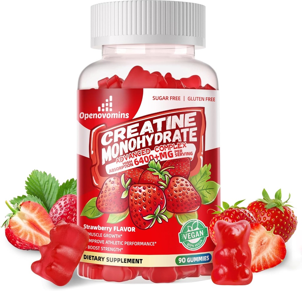Complejo de Gummies de Monohidrato de Creatina para Hombres y Mujeres -Fórmula avanzada W/L-Taurina + Vitamina B12, Sugar suplemento Chewable Libre,90 Gummies de Fresa