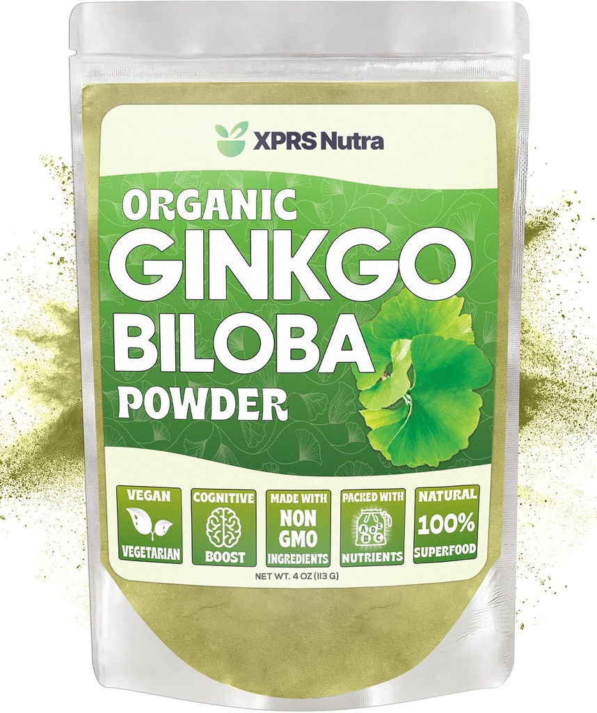 XPRS Nutra Organic Ginkgo Biloba Powder - Gingko Biloba Suplementos para la Cognición - Vegan Friendly Ginkoba Biloba Orgánico - Inmunity Boosting Ginkgo Biloba Powder (4 oz)