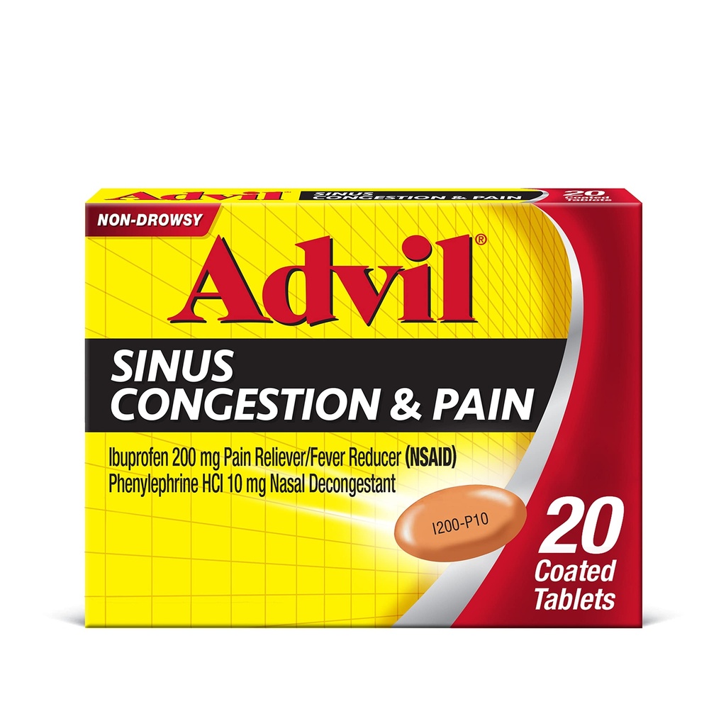 Advil Sinus Congestion and Pain, Sinus Relief Medicine, Pain Reliever and Fever Reducer with Ibuprofen and Phenylephrine HCl - 20 Coated Tablets