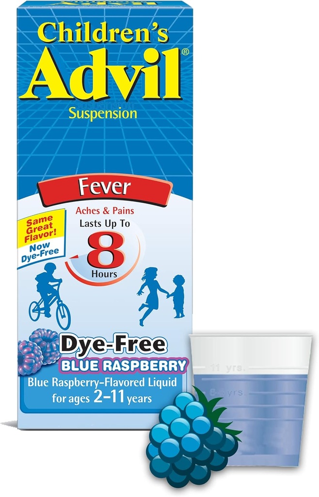 Suspensión advil infantil (4 fl. oz, Blue Raspberry-Flavored), 100mg Ibuprofeno Fever Reductor/Relieve del dolor, Medicina del dolor líquido, Edades 2 –11