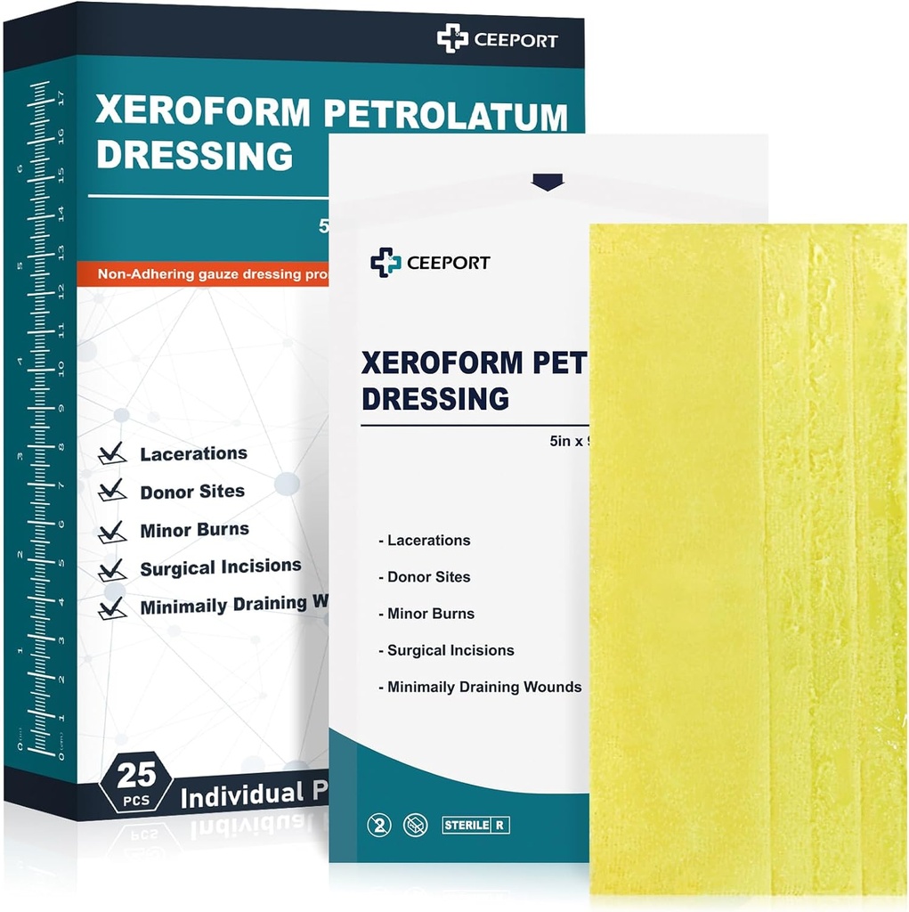 Médico Xeroform Petrolatum Dressing 5x9 - No Adherente Gauze Pad Strip, Fine Mesh Gauze Patch Supplies for Wound Care, Burns, Lacerations, " Skin Grafts (Pack of 25)