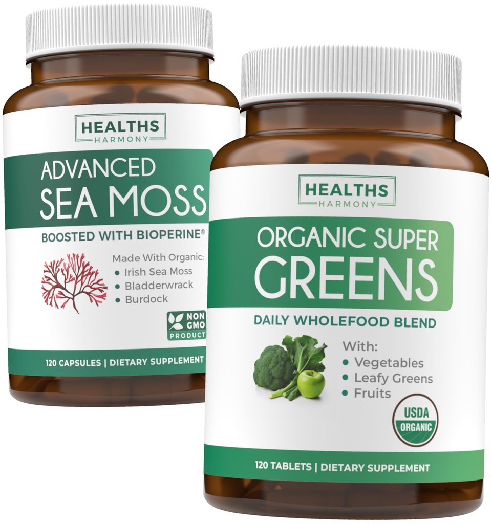 Mar Irlandés Moss " Ecológicos Super Verdes (2-Mes) Moss & Verdes Combo - Seamoss Orgánicos Irlandeses - Raw Vegan Superfood (120 Caps) " Ecológicos Verdes Polvo con 28 Frutas " Verduras (120 Caps)