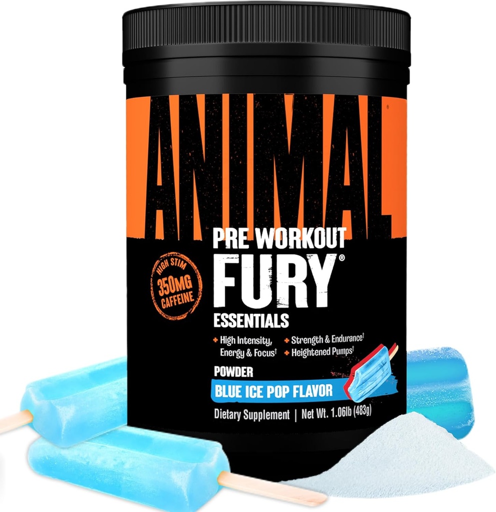 Powder Pre Workout Animal Fury – Blue Ice Pop, 350mg Caffeine, BCAA Amino Acids, 2g Beta Alanine, Citrulline &amp; Tyrosine, Energy, Focus, Strength, Endurance, Preworkout for Men &amp; Women, 30 Servings