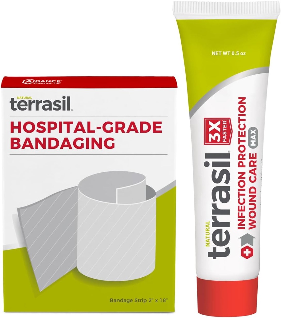 Cuidado de las heridas de Terrasil Kit de primeros auxilios: Bandage médico " Healing Ointment, Protección de infecciones para las llagas, úlceras de presión, úlceras, ampollas, cortes. Dermatólogo-Tested (0.5oz, 2"x18" Bandage)