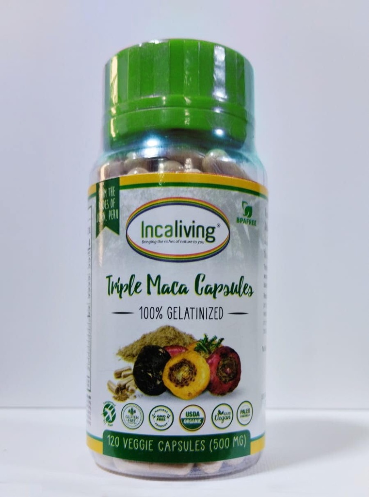 Incaliving- Triple maca Capsules 120ct. Auténtica maca peruana Fácil de tomar La marcha Antes de una salida o en el inicio de su día
