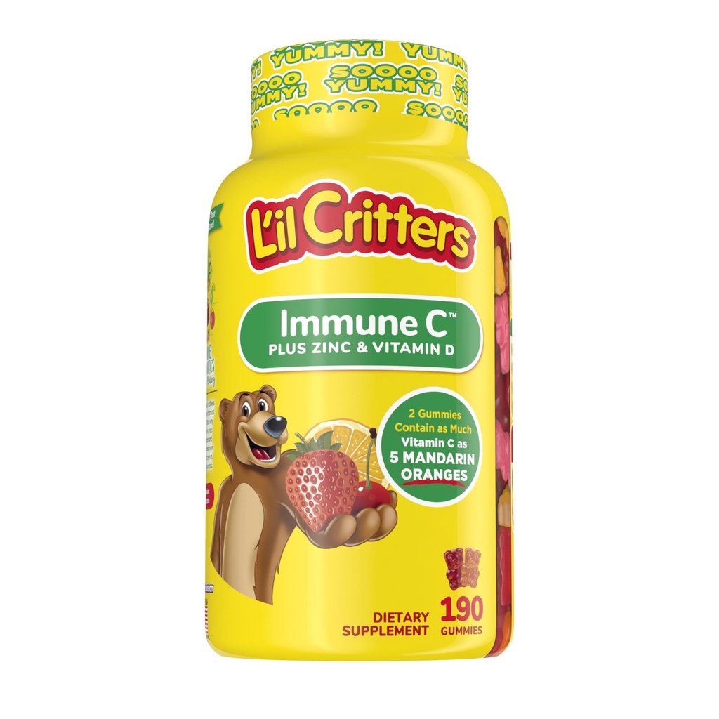 L'il Critters Kids Immune C Gummy Supplement with Vitamin C, Zinc and Vitamin D3 for Immune Support, 190 ct (95-190 day supply), 4 deliciosos sabores de la marca de vitaminas número uno de América