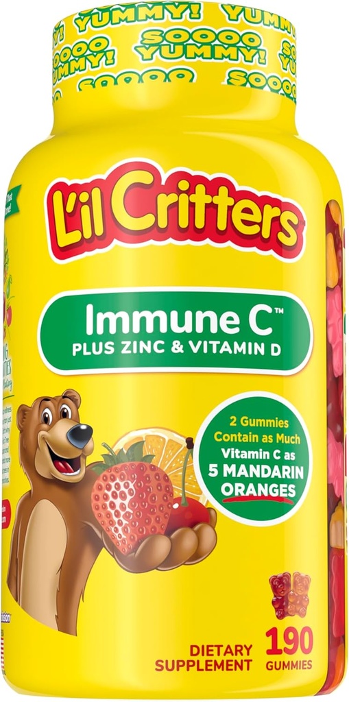L'il Critters Kids Immune C Gummy Supplement with Vitamin C, Zinc and Vitamin D3 for Immune Support, 190 ct (95-190 day supply), 4 deliciosos sabores de la marca de vitaminas número uno de América