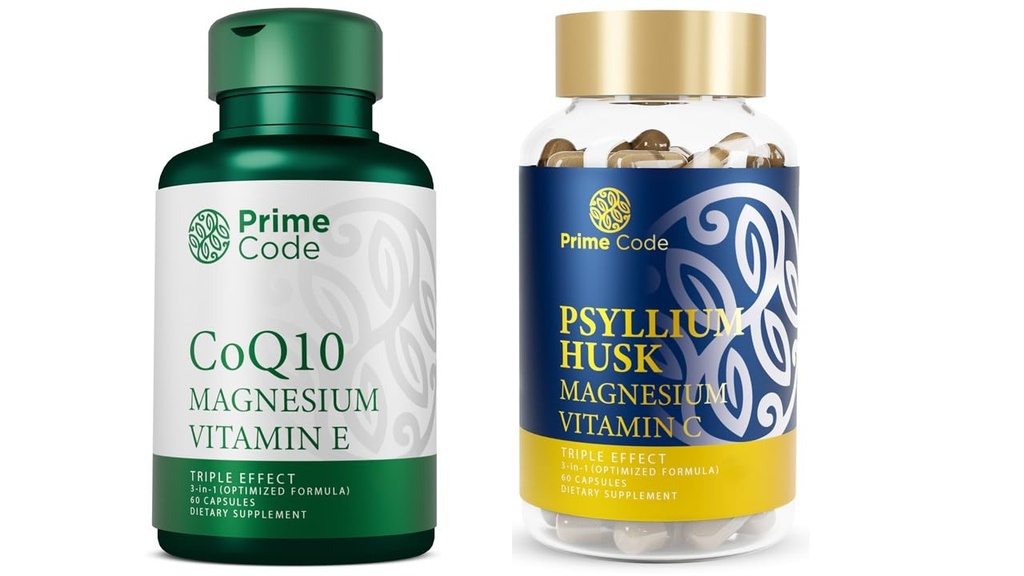 Prime Code CoQ10 250mg with Magnesium Glycinate and Vitamin E, Psyllium Husk Capsules with Magnesium Citrate and Vitamin C