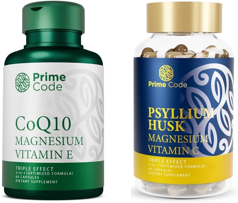 Primer Código CoQ10 250 mg con glinato de magnesio y vitamina E, cápsulas de cáscara de plislio con citrato de magnesio y vitamina C