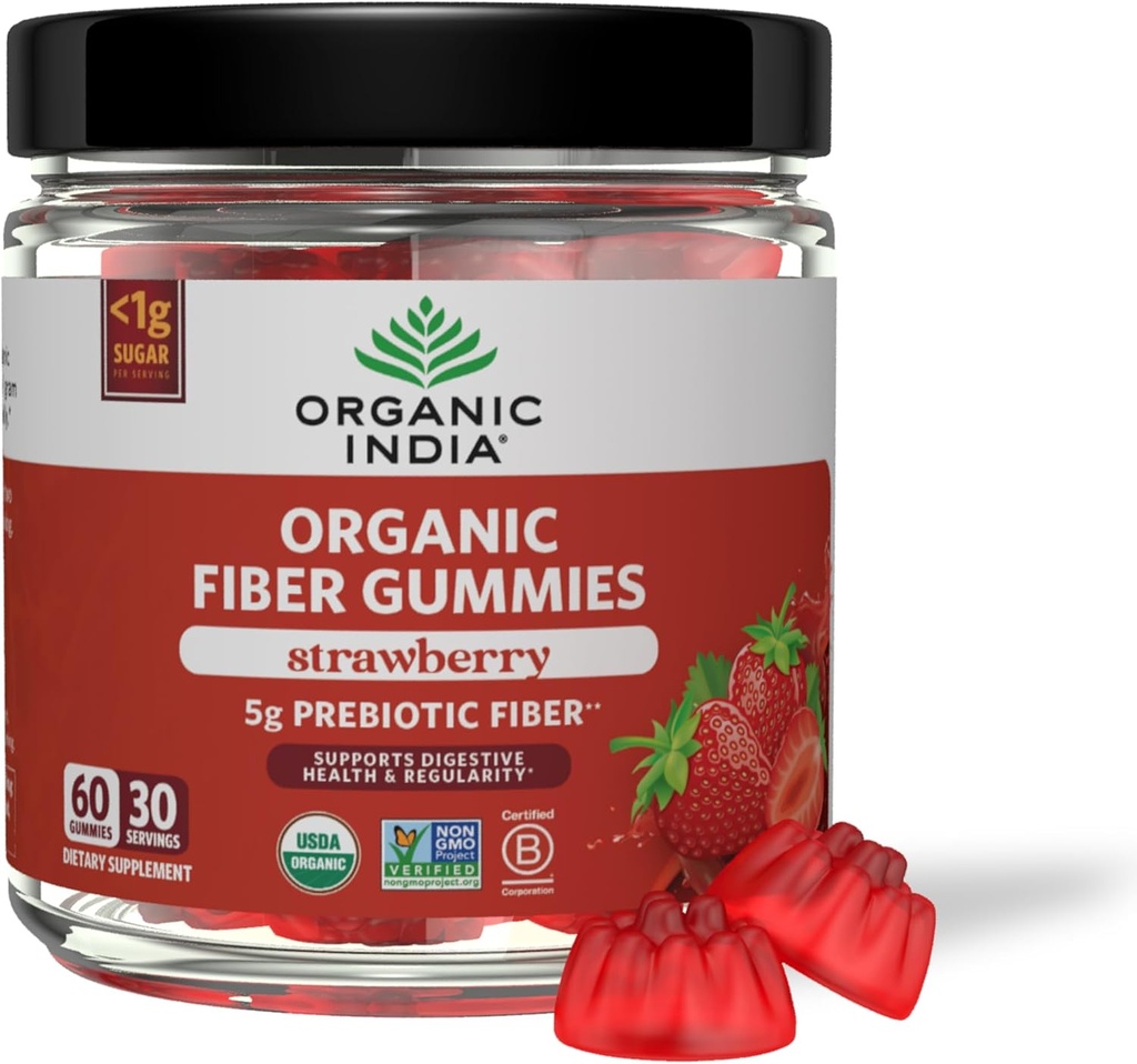 ORGANIC INDIA Gummies de fibra para adultos - Fibra prebiótica, Suplemento dietético, Salud Digestiva para hombres y mujeres, Vegan, Bajo azúcar, No GMO - Fresa, 60 Gummies