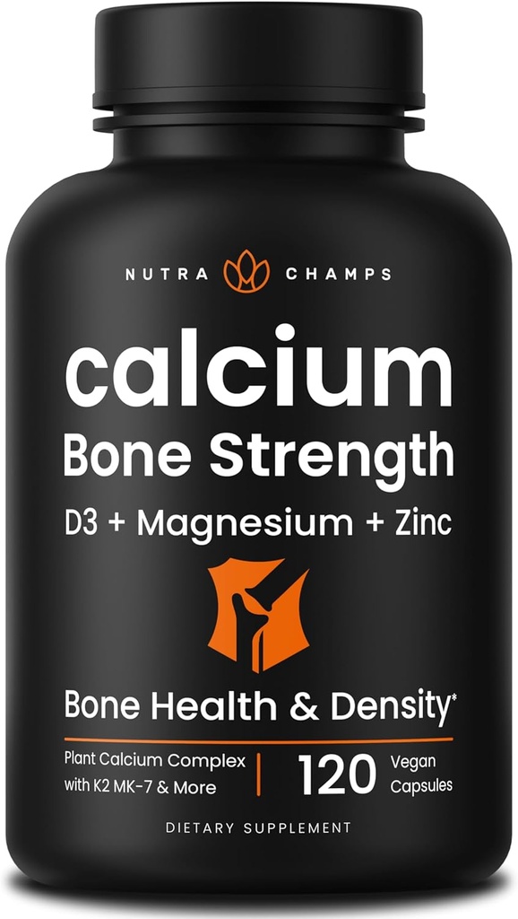 Calcio Suplemento de Bone Strength Silencio Planta Calcio Citrato + Vitamina D3, K2, Magnesio, Zinc, Potasio, Boron &amp; Strontium ← Premium Extra Strength Bone Health & Density Complex ← 120 Vegan Capsules