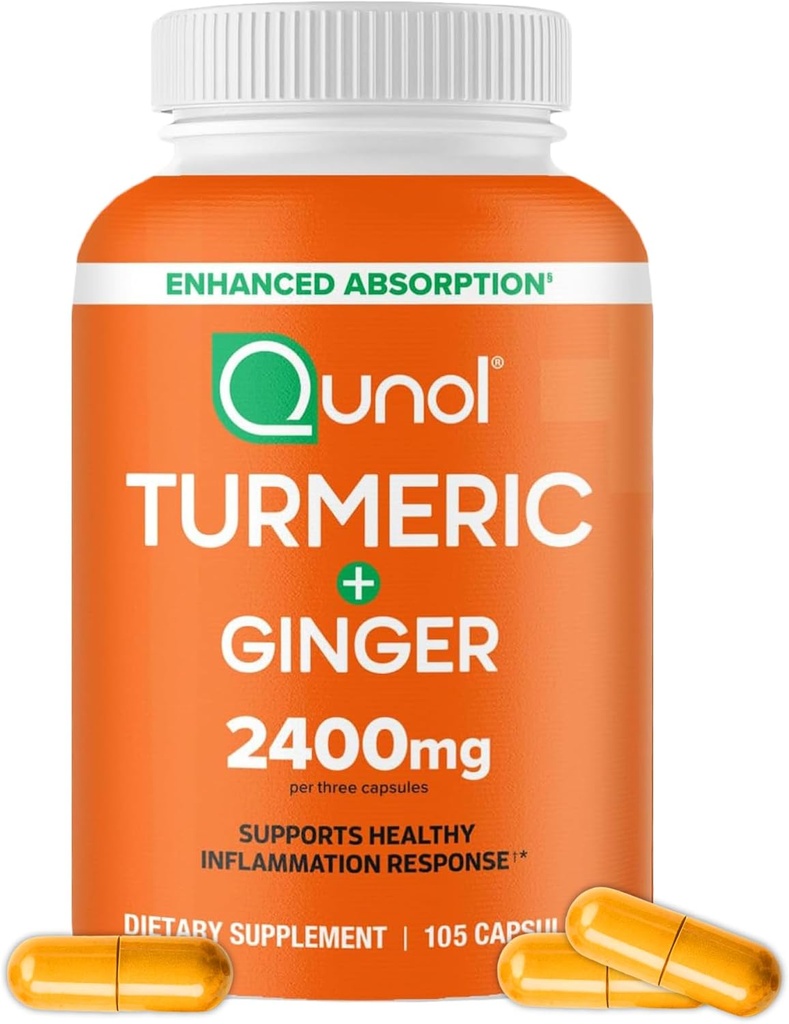 Curcumina de Turmérica Qunol con Pepper Negro y jengibre, 2400 mg Extracto Turmérico con Curcuminoides 95%, Suplemento de Fuerza Extra, Absorción Mejorada, Suplemento de Apoyo Conjunto, 105 Conde