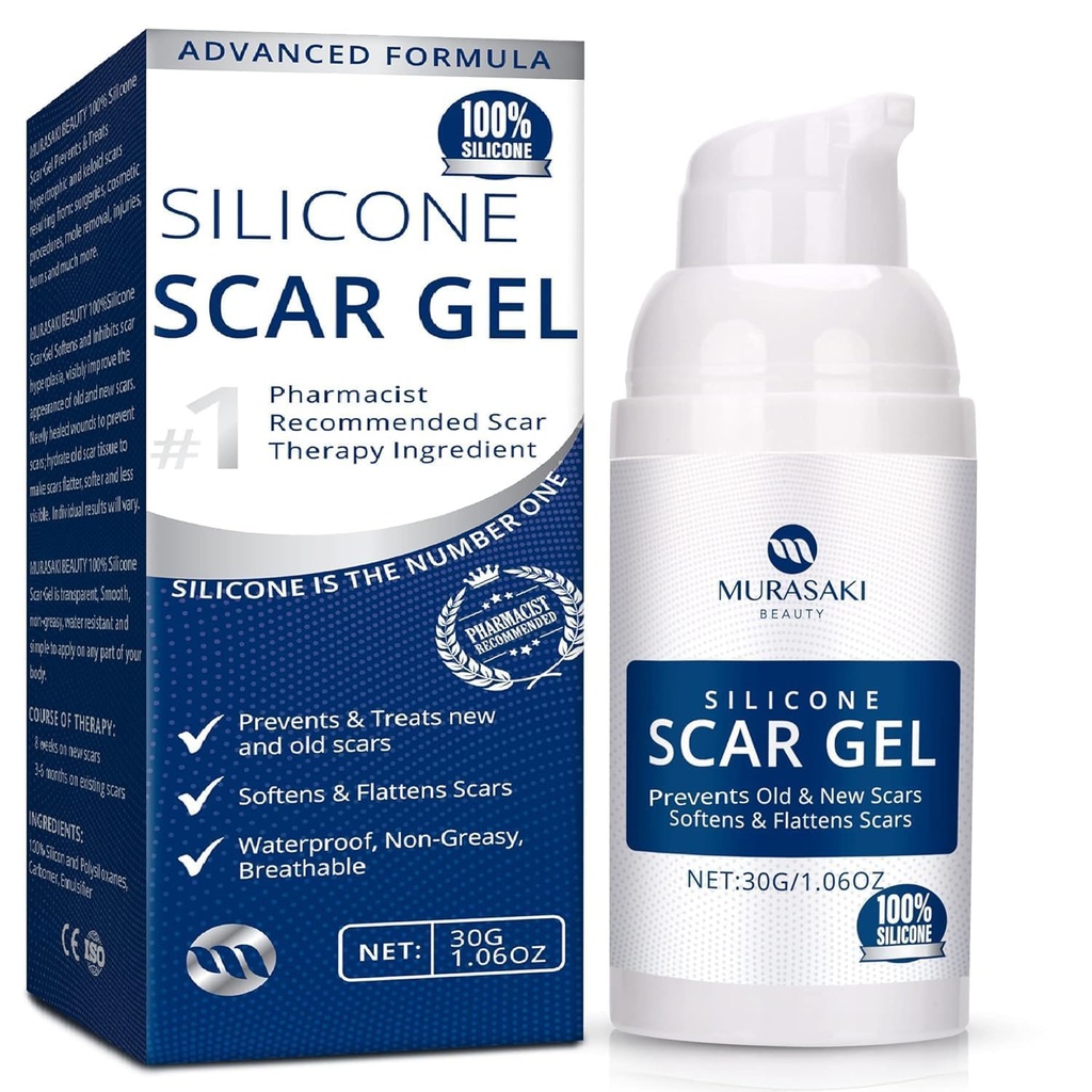 Crema de cicatrices de silicona 100% - Gel de cicatriz avanzado para cicatrices quirúrgicas, C-Sección, Marcas de estiramiento, Acné, Lesiones, Quemaduras, Keloids, cicatrices viejas y nuevas 1.06oz(30g) (Maximum Strength 100% Silicone)