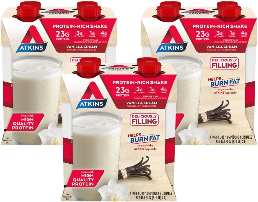 Atkins Vainilla Crema Talla Proteína Shake, 23g Proteína, Baja Glicemia, 3g Carb, 1g Sugar, Keto Friendly